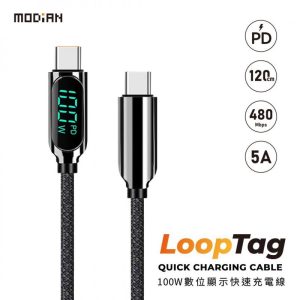 MODiAN 墨點 LoopTag 數位功率顯示 100W 快速充電線 IP17可用 筆電充電線 支援 PD 100W 耐彎折